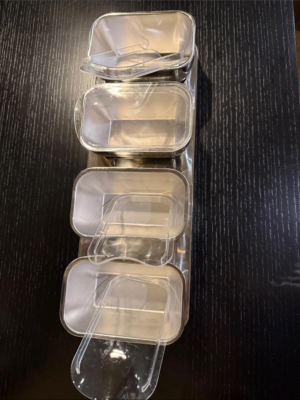 Stainless Steel 4-Piece Magnetic Condiment Organizer with Clear Lids